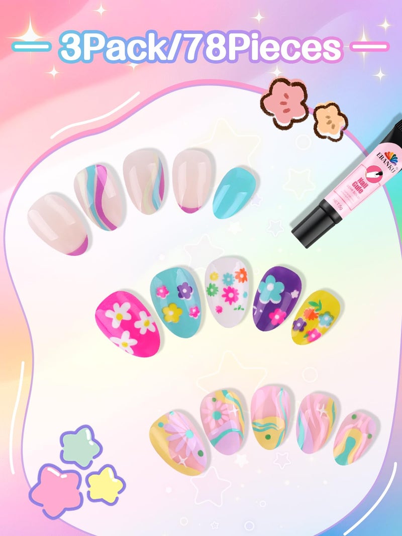 EBANKU 78 Pcs Press on Nail kids, Almond 3 Pack Children Fake Nail Kit Full Cover Short False Fingernails with Nail Glue for Girl Nail Decoration - Image 3