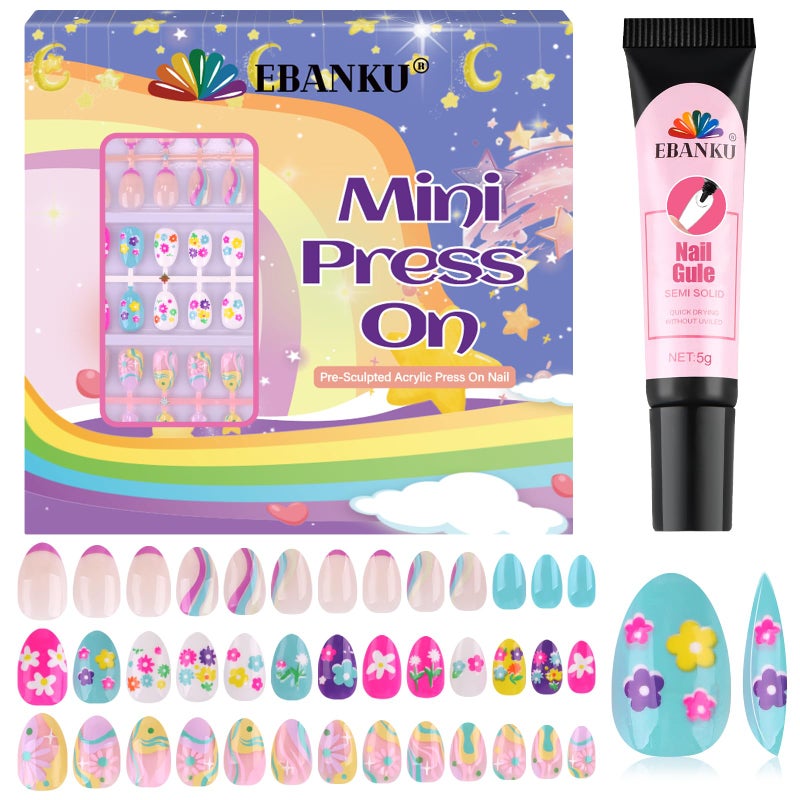 EBANKU 78 Pcs Press on Nail kids, Almond 3 Pack Children Fake Nail Kit Full Cover Short False Fingernails with Nail Glue for Girl Nail Decoration - Image 1