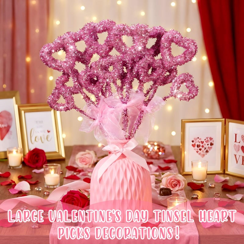Solsew 6 Pcs Valentine's Day Decorations Tree Topper Glitter Tinsel Heart Tree Picks 14'' Large Valentine's Day Heart Picks Ornaments for Galentines Home Wedding Party Decor Crafts Supplies(Pink) - Image 3