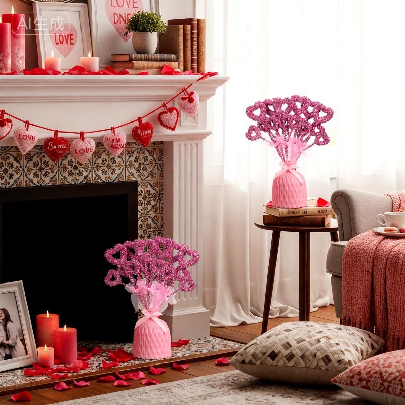 Solsew 6 Pcs Valentine's Day Decorations Tree Topper Glitter Tinsel Heart Tree Picks 14'' Large Valentine's Day Heart Picks Ornaments for Galentines Home Wedding Party Decor Crafts Supplies(Pink) - Image 4