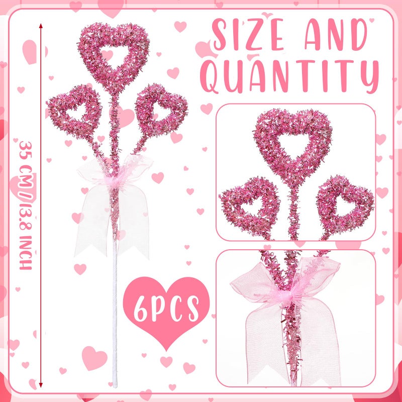Solsew 6 Pcs Valentine's Day Decorations Tree Topper Glitter Tinsel Heart Tree Picks 14'' Large Valentine's Day Heart Picks Ornaments for Galentines Home Wedding Party Decor Crafts Supplies(Pink) - Image 2