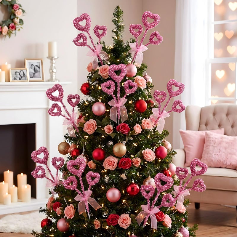 Solsew 6 Pcs Valentine's Day Decorations Tree Topper Glitter Tinsel Heart Tree Picks 14'' Large Valentine's Day Heart Picks Ornaments for Galentines Home Wedding Party Decor Crafts Supplies(Pink) - Image 1