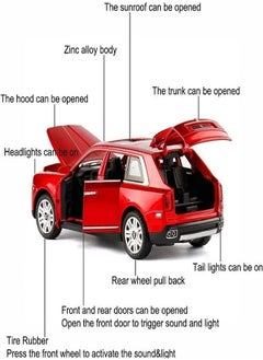 die cast 1/32 for Rolls-Royce Cullinan Alloy Car Model Diecasts Toy Car Model Sound,  Light, Pull Back and Opened Doors Kids & Adult Gifts (Red, No Box)  - Image 2
