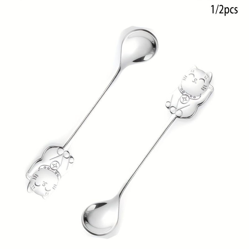 Stainless Steel Lucky Cat Coffee Spoons 2pcs Creative Dessert Spoon - Image 1