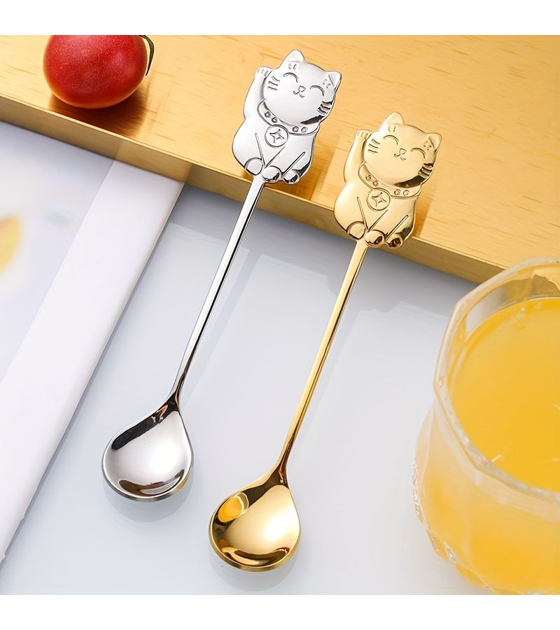 Stainless Steel Lucky Cat Coffee Spoons 2pcs Creative Dessert Spoon - Image 4