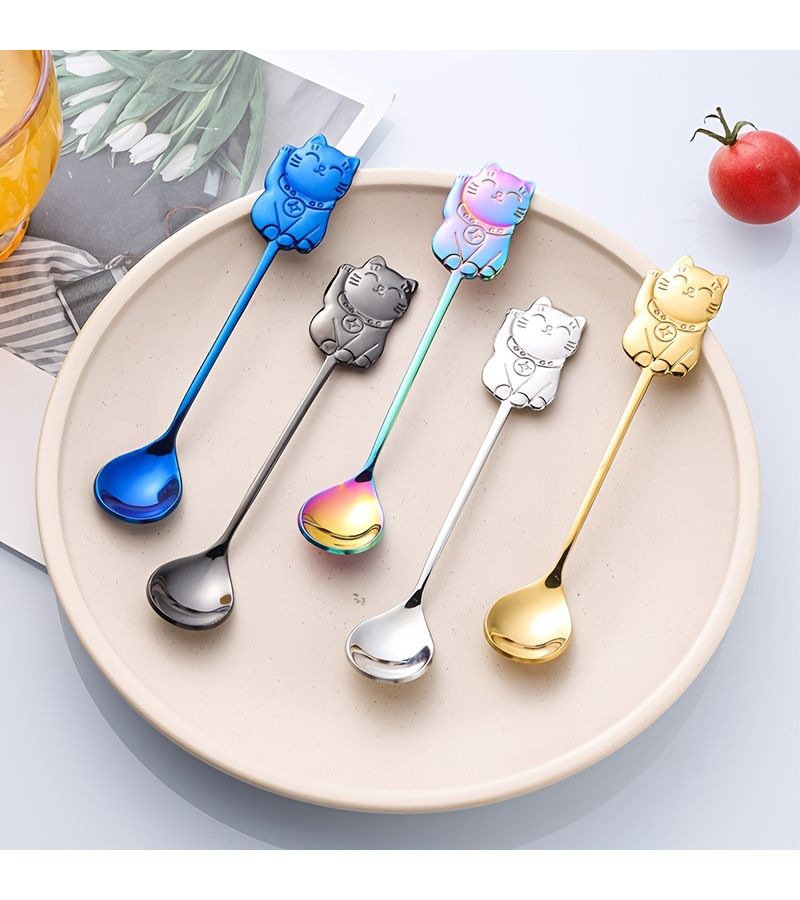 Stainless Steel Lucky Cat Coffee Spoons 2pcs Creative Dessert Spoon - Image 2