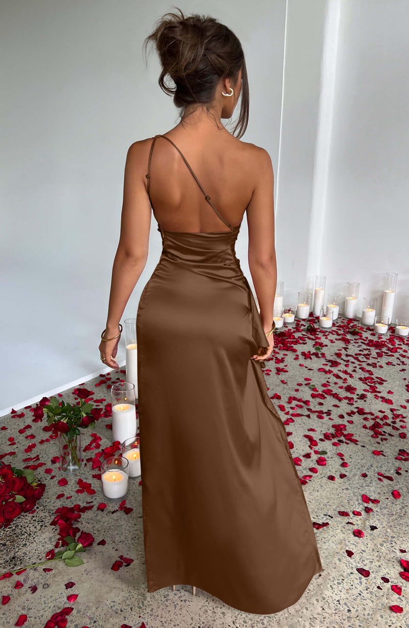 Memoriesea Women's Sexy One Shoulder Satin High Split Cocktail Wedding Party Maxi Dress Brown - Image 5