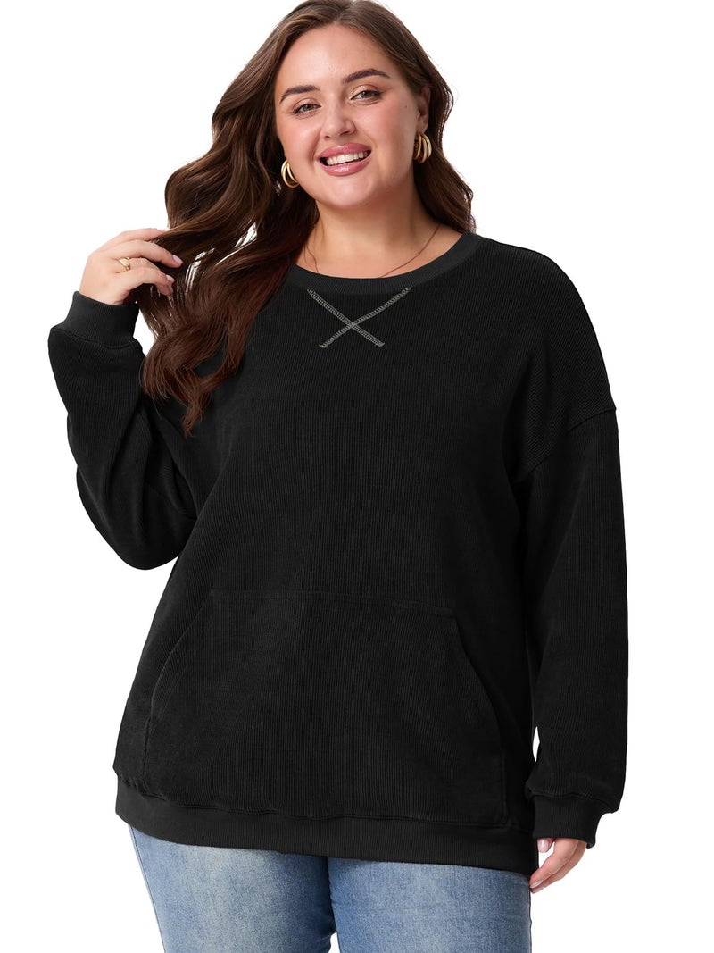 OLRIK Plus Size Sweatshirts for Women Corduroy Oversized Pullover with Kangaroo Pocket Fall Winter Clothes Crewneck Black-4X - Image 2