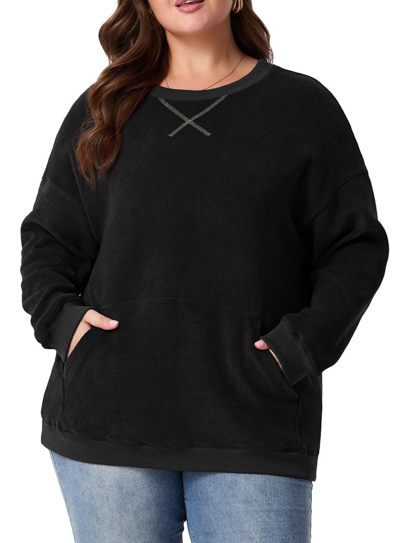 OLRIK Plus Size Sweatshirts for Women Corduroy Oversized Pullover with Kangaroo Pocket Fall Winter Clothes Crewneck Black-4X - Image 1