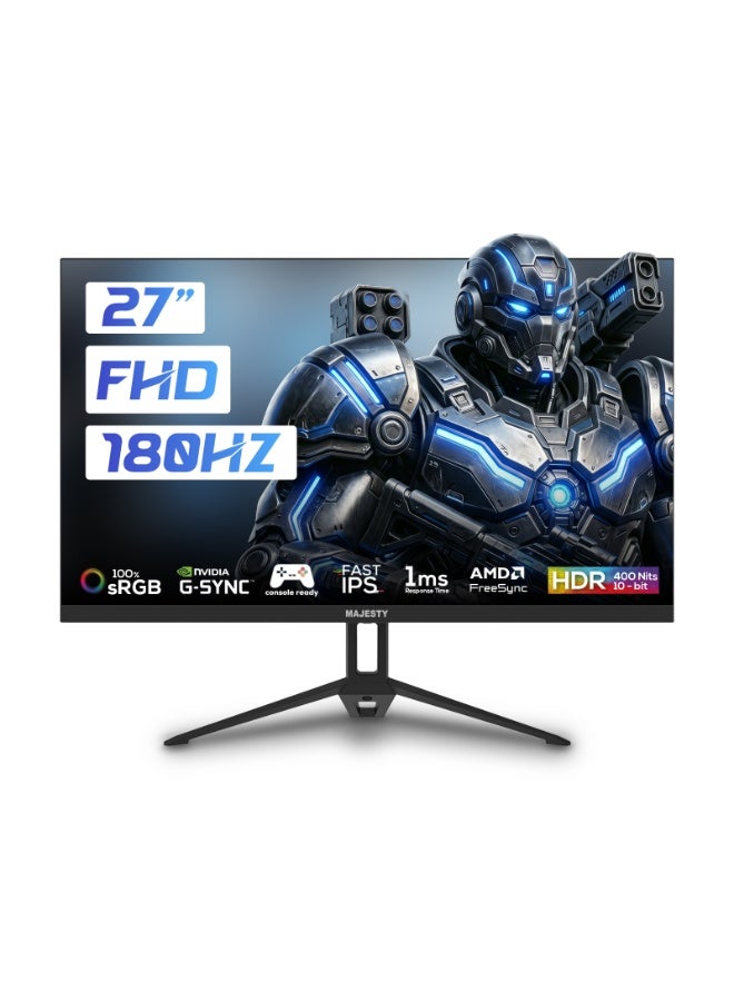 Majesty 27" FHD 1920x1080 Gaming Monitor | IPS | 180Hz | 1ms | HDR | 100% sRGB | G-SYNC & FreeSync | Built-in Speakers | DisplayPort & HDMI | VESA - Image 1