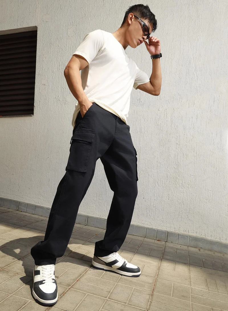 Hubberholme Men's Navy Cotton Blend Solid Pattern Full Length Cargo Relaxed Trouser