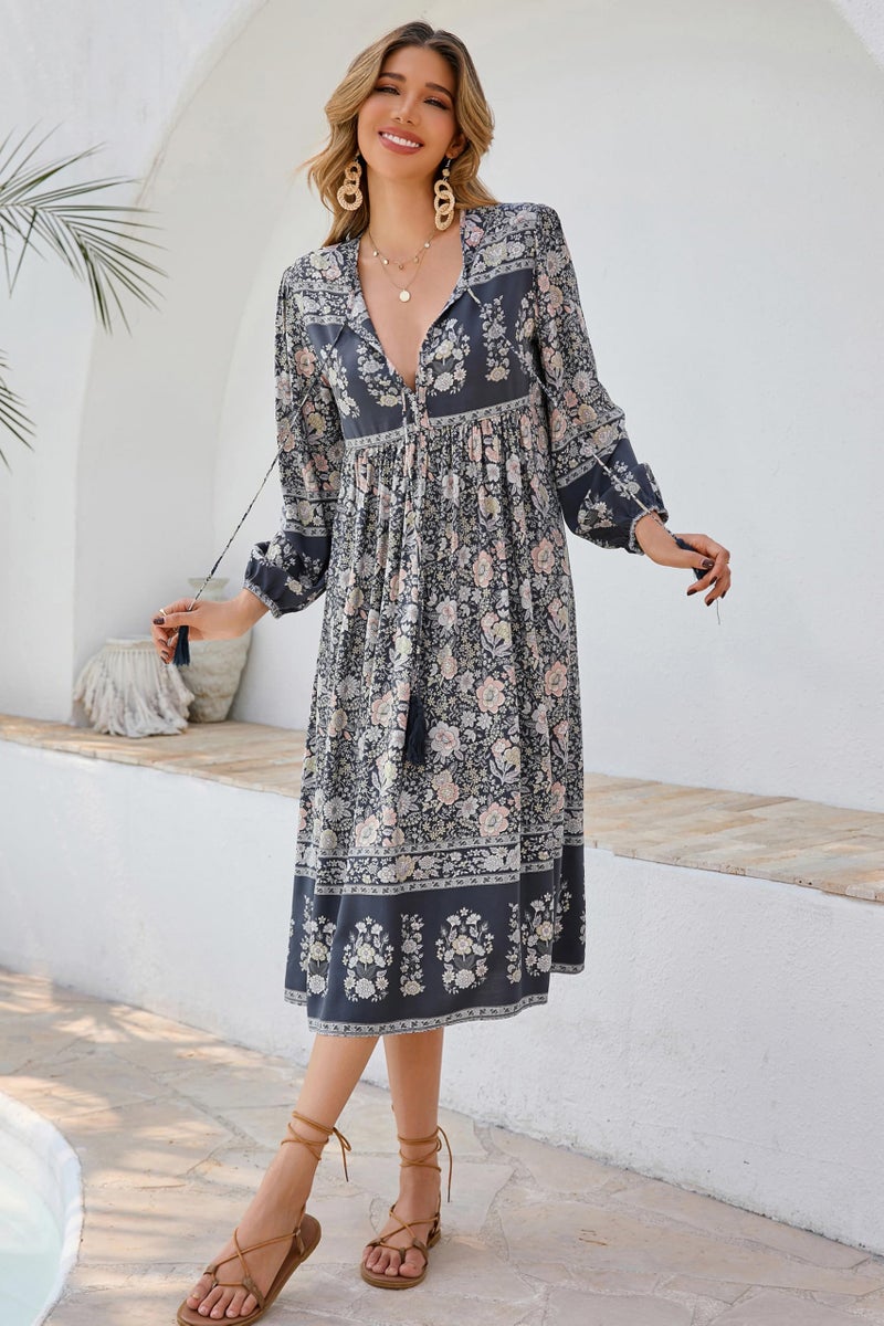 R.Vivimos Women's Long Sleeve Floral Print Retro V Neck Tassel Bohemian Midi Dresses (2XL, SmokeBlack) - Image 5
