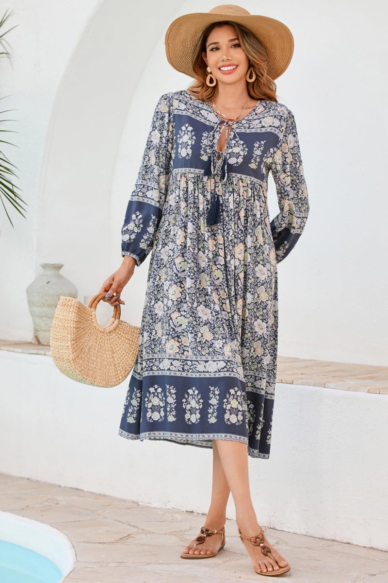 R.Vivimos Women's Long Sleeve Floral Print Retro V Neck Tassel Bohemian Midi Dresses (2XL, SmokeBlack) - Image 4