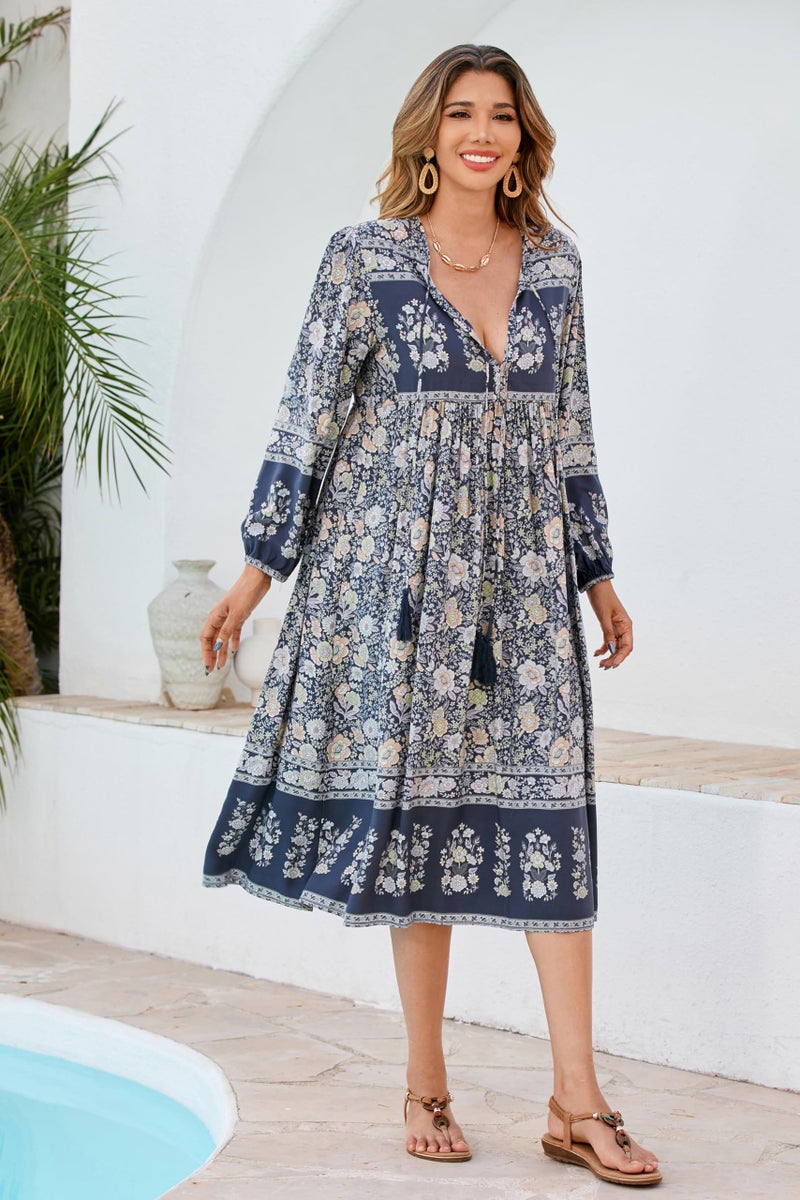 R.Vivimos Women's Long Sleeve Floral Print Retro V Neck Tassel Bohemian Midi Dresses (2XL, SmokeBlack) - Image 2