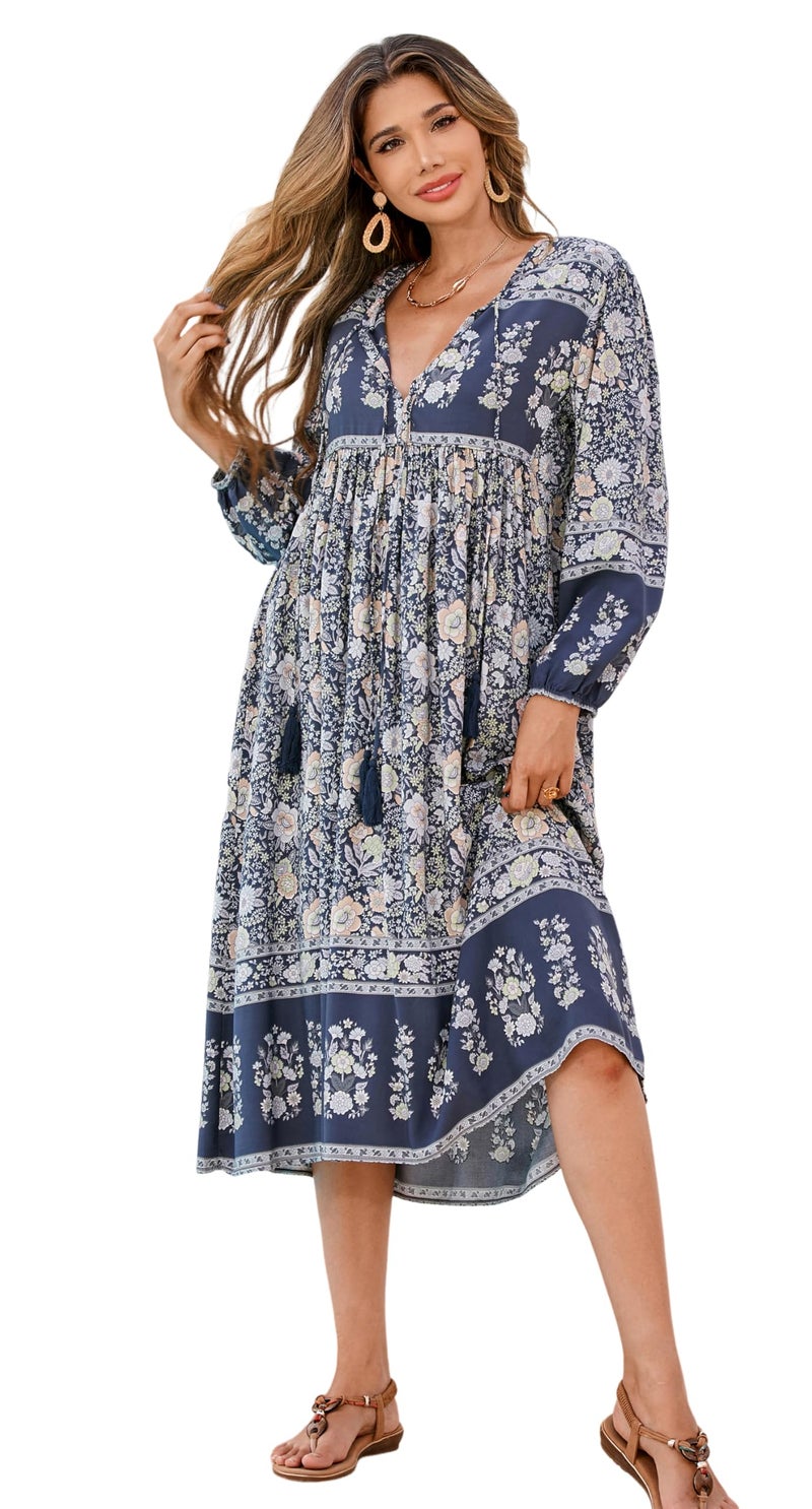 R.Vivimos Women's Long Sleeve Floral Print Retro V Neck Tassel Bohemian Midi Dresses (2XL, SmokeBlack) - Image 1