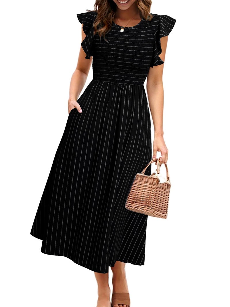 Simplee Apparel Simplee Womens Striped Midi Summer Dress Linen Spring A Line Formal Sun Dress Boho Flowy Elegant Wedding Guest Dress with Pockets(Black L) - Image 1