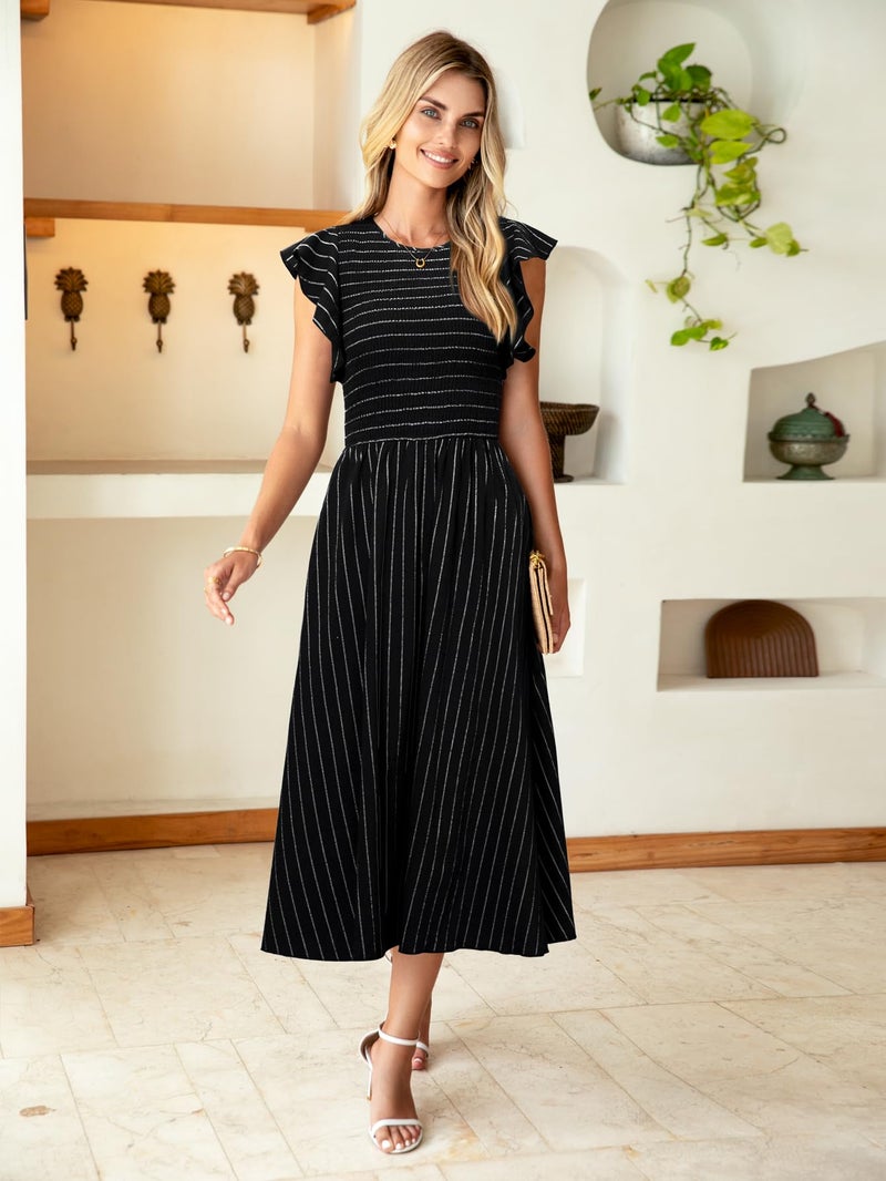 Simplee Apparel Simplee Womens Striped Midi Summer Dress Linen Spring A Line Formal Sun Dress Boho Flowy Elegant Wedding Guest Dress with Pockets(Black L) - Image 4