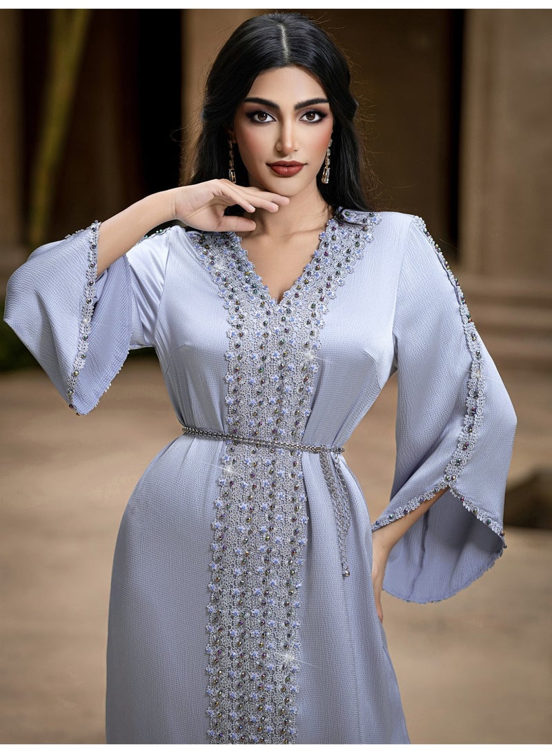 Women V Neck Satin Abaya Dress Flared Sleeve Hand Beaded Trim Belted Formal Maxi Dress - Image 1