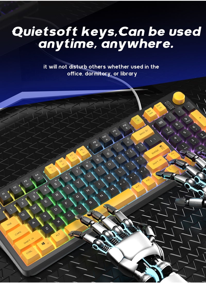 UCHUANG - 98-Key Wired Keyboard - Membrane Keyboard - Gaming Keyboard - Office Keyboard - Built-in Volume Adjustment Knob - Rainbow Backlit Quick Response - Computer Keyboard - Image 1
