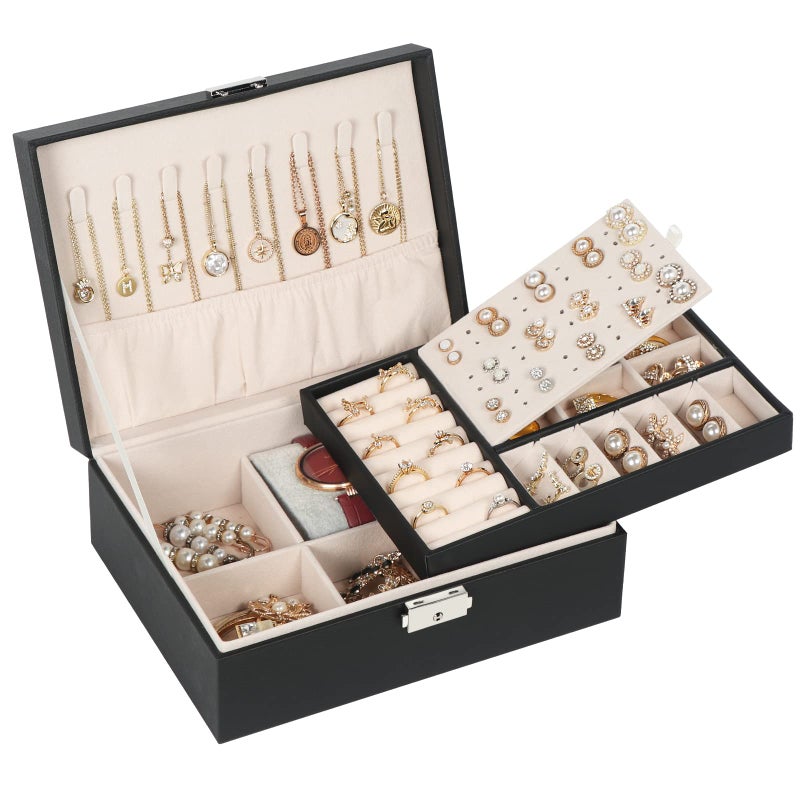Hatori Jewelry Box for Women Girls, 2 Layers Jewelry Organizer Container with Lock, PU Leather Storage Case with Removable Tray, Jewelry Display Box for Necklaces Earrings Bracelets Rings Watches - Black - Image 1