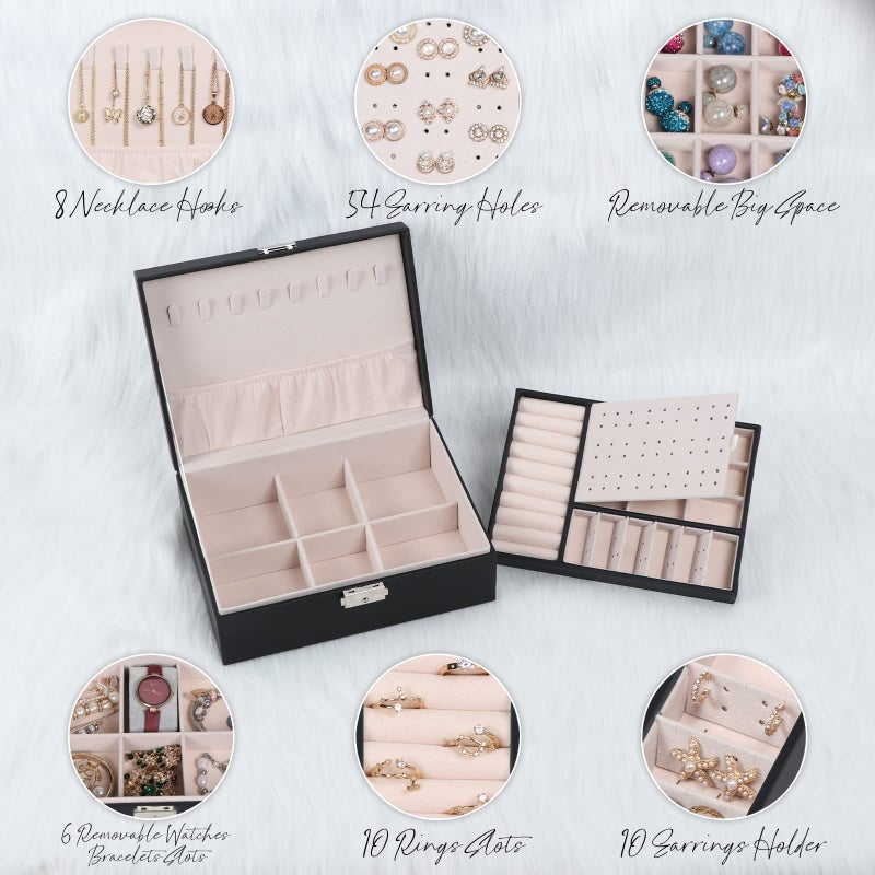 Hatori Jewelry Box for Women Girls, 2 Layers Jewelry Organizer Container with Lock, PU Leather Storage Case with Removable Tray, Jewelry Display Box for Necklaces Earrings Bracelets Rings Watches - Black - Image 3