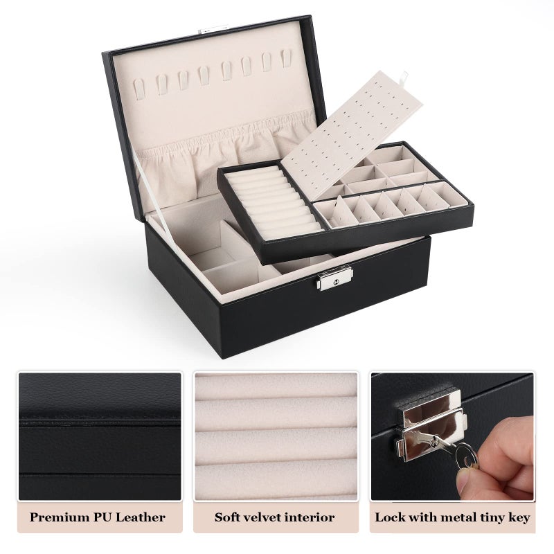 Hatori Jewelry Box for Women Girls, 2 Layers Jewelry Organizer Container with Lock, PU Leather Storage Case with Removable Tray, Jewelry Display Box for Necklaces Earrings Bracelets Rings Watches - Black - Image 4