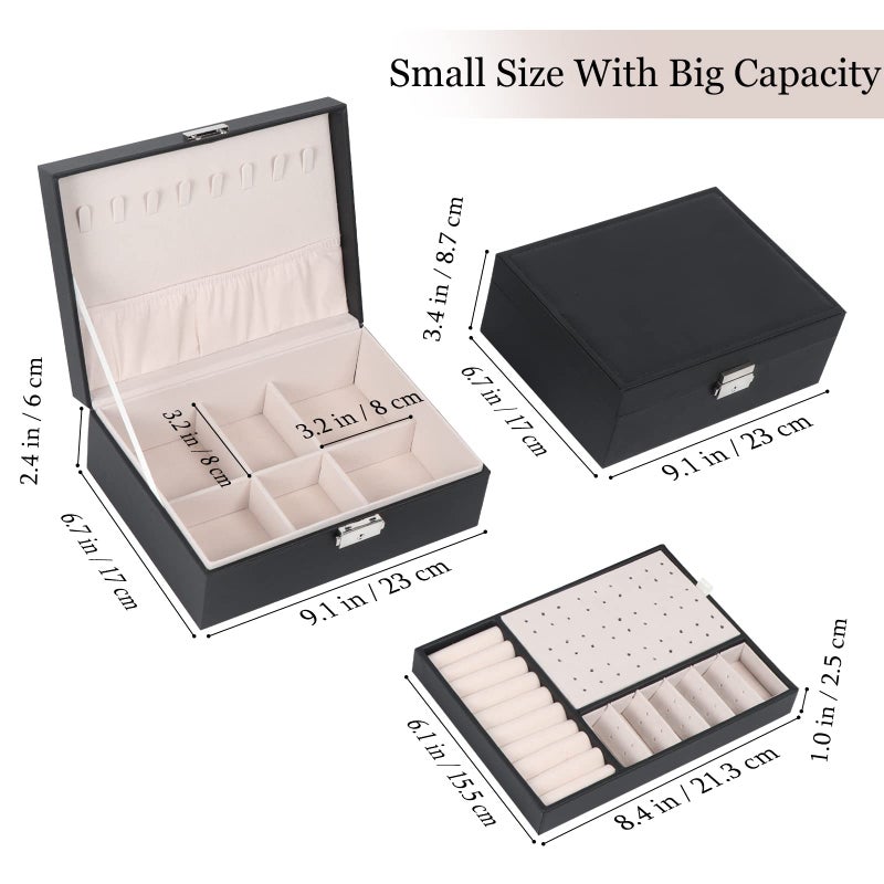 Hatori Jewelry Box for Women Girls, 2 Layers Jewelry Organizer Container with Lock, PU Leather Storage Case with Removable Tray, Jewelry Display Box for Necklaces Earrings Bracelets Rings Watches - Black - Image 2