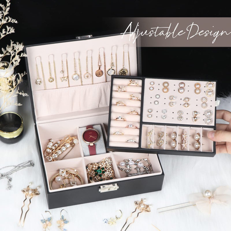 Hatori Jewelry Box for Women Girls, 2 Layers Jewelry Organizer Container with Lock, PU Leather Storage Case with Removable Tray, Jewelry Display Box for Necklaces Earrings Bracelets Rings Watches - Black - Image 5