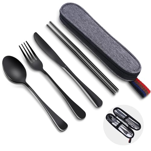 GuoluvSoo Reusable Travel Utensils Set with Case, Premium Stainless Steel Flatware, Portable Silverware for Lunch, Camping, Picnic, Travel Fork and Spoon Set, To Go Utensils, Dishwasher Safe - Image 1