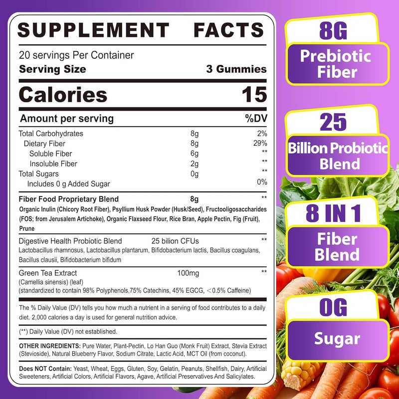 NEVISS Fiber Gummies for Adults 8g Inulin Psyllium Husk FOS More with Probiotics Green Tea Extract Sugar Free Plant Based Fiber Supplement Blend for Digestive Health Regularity NonGMO Vegan 60Cts - Image 2
