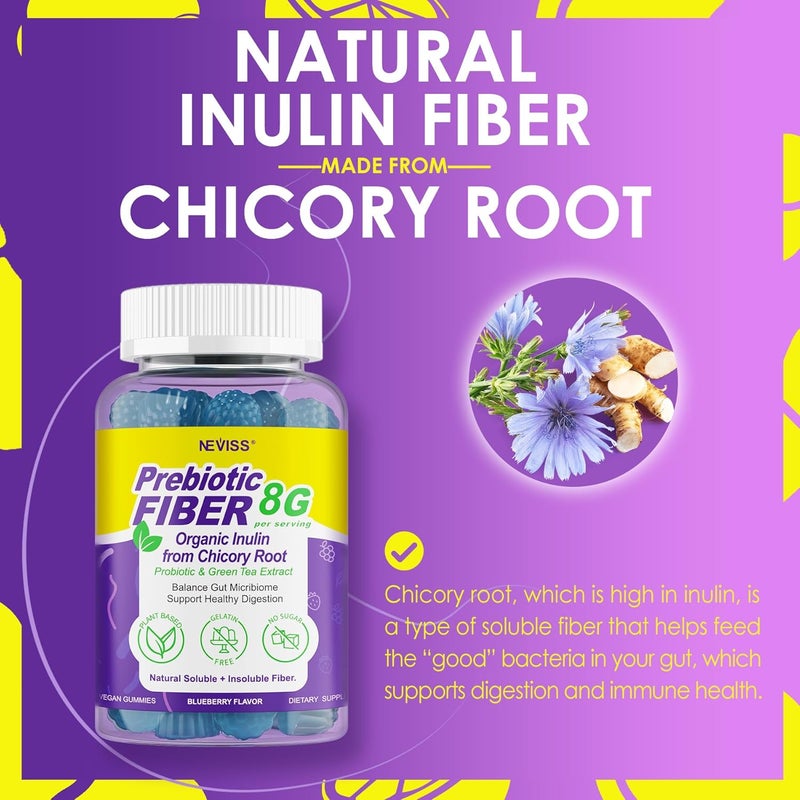 NEVISS Fiber Gummies for Adults 8g Inulin Psyllium Husk FOS More with Probiotics Green Tea Extract Sugar Free Plant Based Fiber Supplement Blend for Digestive Health Regularity NonGMO Vegan 60Cts - Image 3