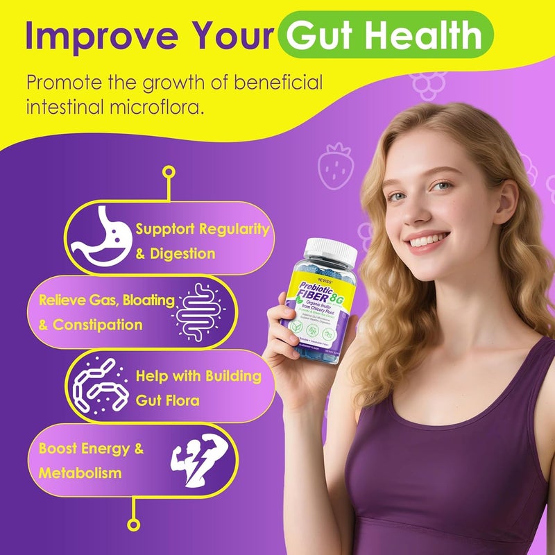 NEVISS Fiber Gummies for Adults 8g Inulin Psyllium Husk FOS More with Probiotics Green Tea Extract Sugar Free Plant Based Fiber Supplement Blend for Digestive Health Regularity NonGMO Vegan 60Cts - Image 5