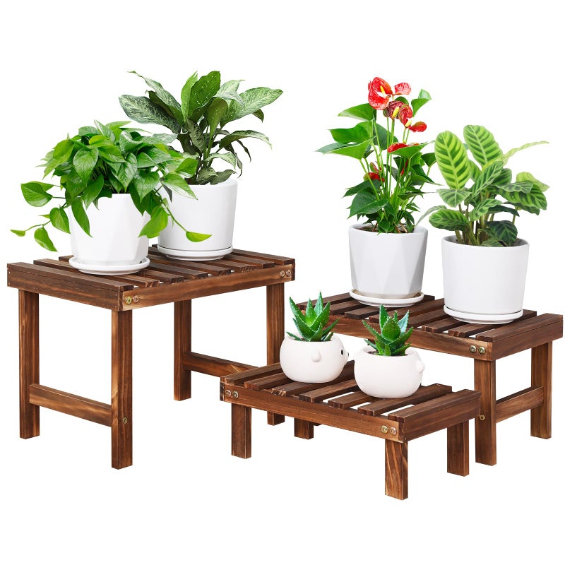 COOGOU 3 Tiered Small Plant Stands Shelf Indoor Outdoor,Wood Flower Pot Stand Holders Rack,Freestanding Corner Ladder Shelves for Plants Succulent Cactus,on Patio,Desktop,Window - Image 1