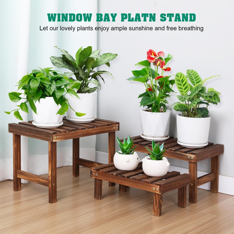COOGOU 3 Tiered Small Plant Stands Shelf Indoor Outdoor,Wood Flower Pot Stand Holders Rack,Freestanding Corner Ladder Shelves for Plants Succulent Cactus,on Patio,Desktop,Window - Image 3