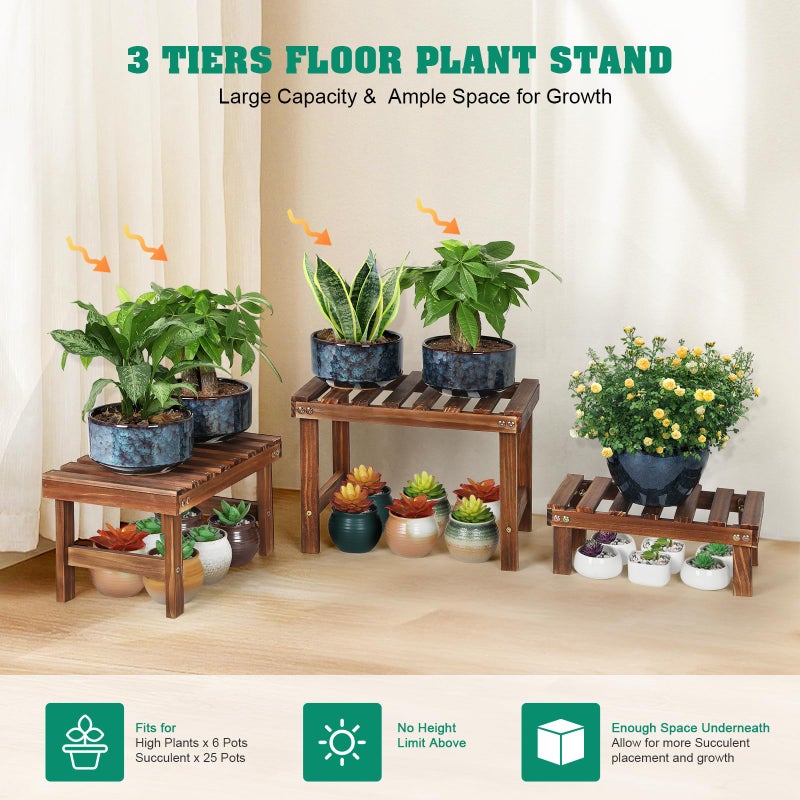 COOGOU 3 Tiered Small Plant Stands Shelf Indoor Outdoor,Wood Flower Pot Stand Holders Rack,Freestanding Corner Ladder Shelves for Plants Succulent Cactus,on Patio,Desktop,Window - Image 2