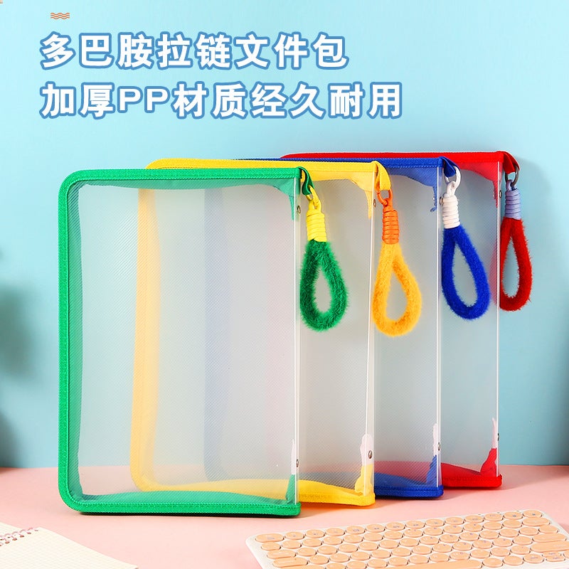 A4 Transparent Twill Zipper File Bag Large Capacity Portable Textbook Test Paper Sundries Storage Bag Color Zipper Bag - Image 2