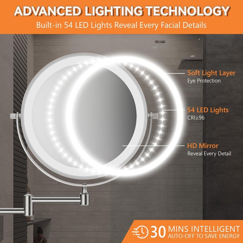 Auxmir 8'' Wall Mounted Lighted Makeup Mirror, 3200mAh Rechargeable, 1X/20X Dual Magnification, 3-Color LED Light, 360° Adjustable Arm, Chrome - Image 5