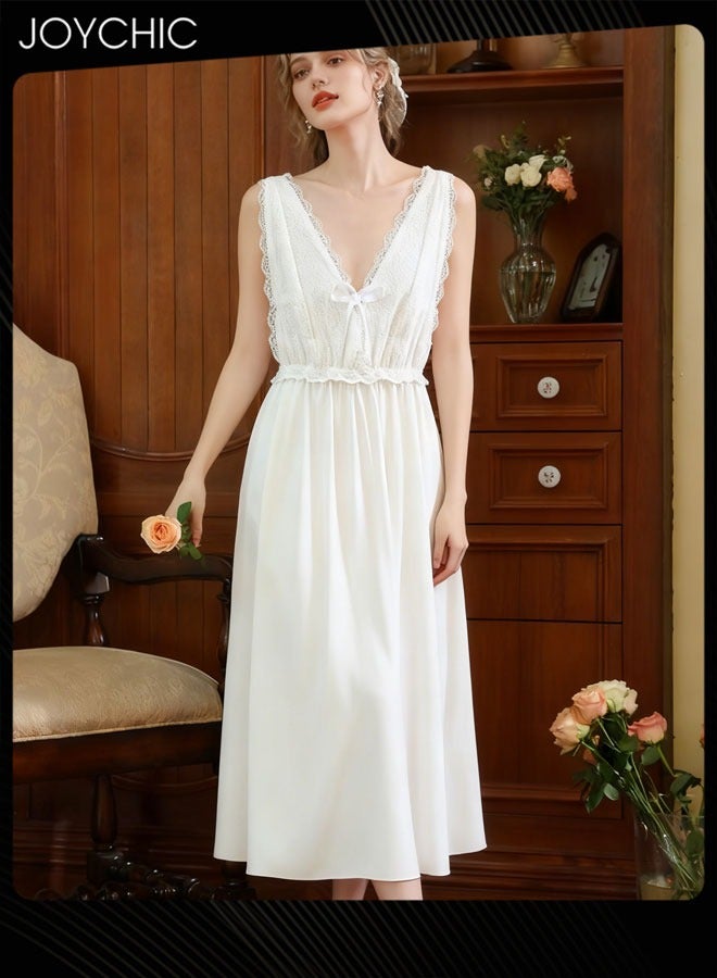 Joychic Palace Style Suspender Nightgown for Women Summer Comfortable Lace Pajamas Deep V-neck Long Sleep Dress with Chest Pads for Indoor Outdoor White - Image 1