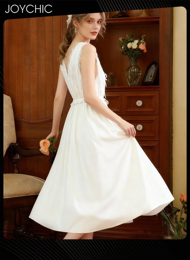 Joychic Palace Style Suspender Nightgown for Women Summer Comfortable Lace Pajamas Deep V-neck Long Sleep Dress with Chest Pads for Indoor Outdoor White - Image 2