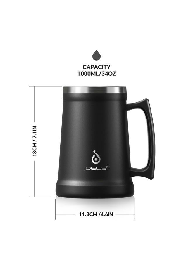 ideus Insulated Beer Stein, 24/32oz Stainless Steel Double Walled Beer Mug Giant Bar Drinkware Metal Beer Cup with Big Grip Handle (34oz (1,000ml), Black) - Image 4