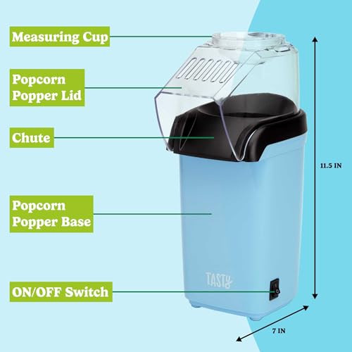 Tasty Hot Air Popcorn Popper, Healthy and Delicious Popcorn in Minutes, Fast and Easy-to-Use, Built-In Measuring Cup and Butter Warmer, 8 Cups, Blue - Image 4