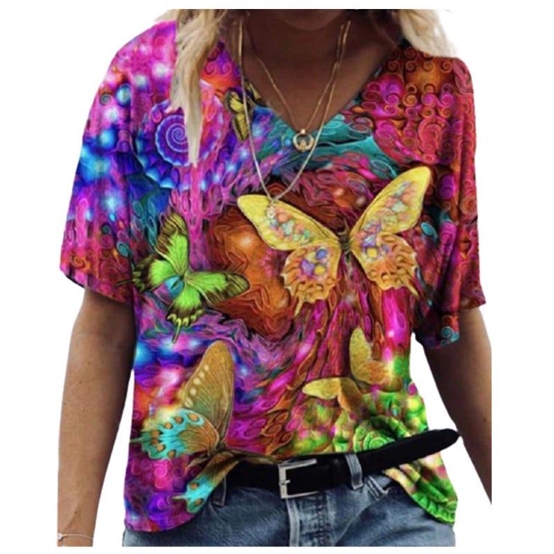 2021 European and American summer new national style map geometric print round neck casual simple short-sleeved t-shirt ols1114-6 L - Image 2
