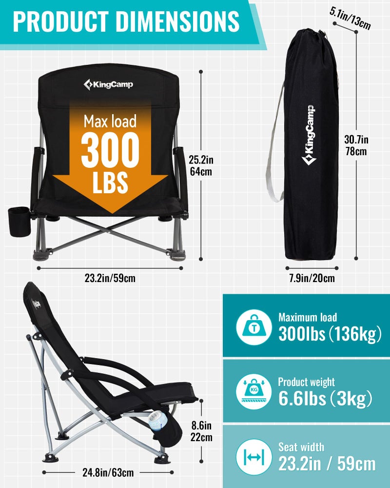 KingCamp Low Beach Chair, Folding Portable Chairs for Adults Lightweight Extra Wide Ergonomic Seat 300lbs Heavy Duty Oversized Backpack Gear with Carry Bag for Outdoor Lawn Camping Picnic - Image 2