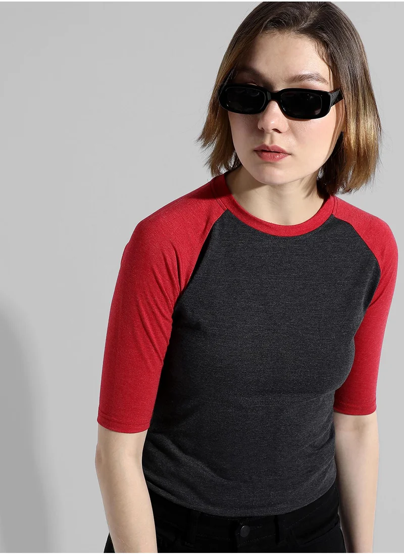 Campus Sutra Women's Red Colourblocked Regular Fit Top