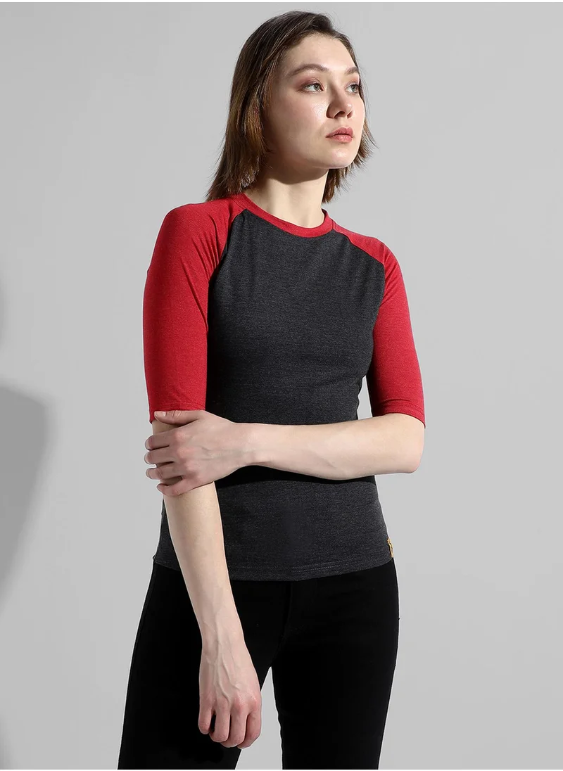Campus Sutra Women's Red Colourblocked Regular Fit Top