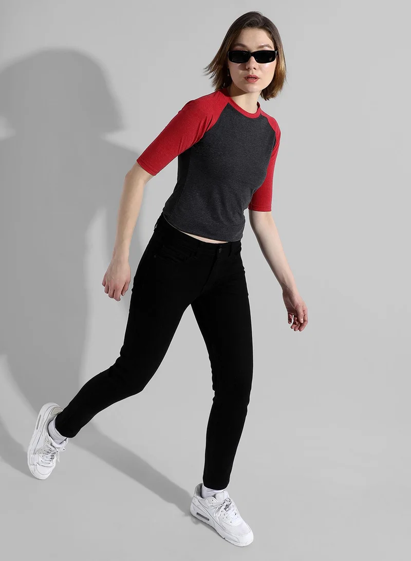 Campus Sutra Women's Red Colourblocked Regular Fit Top