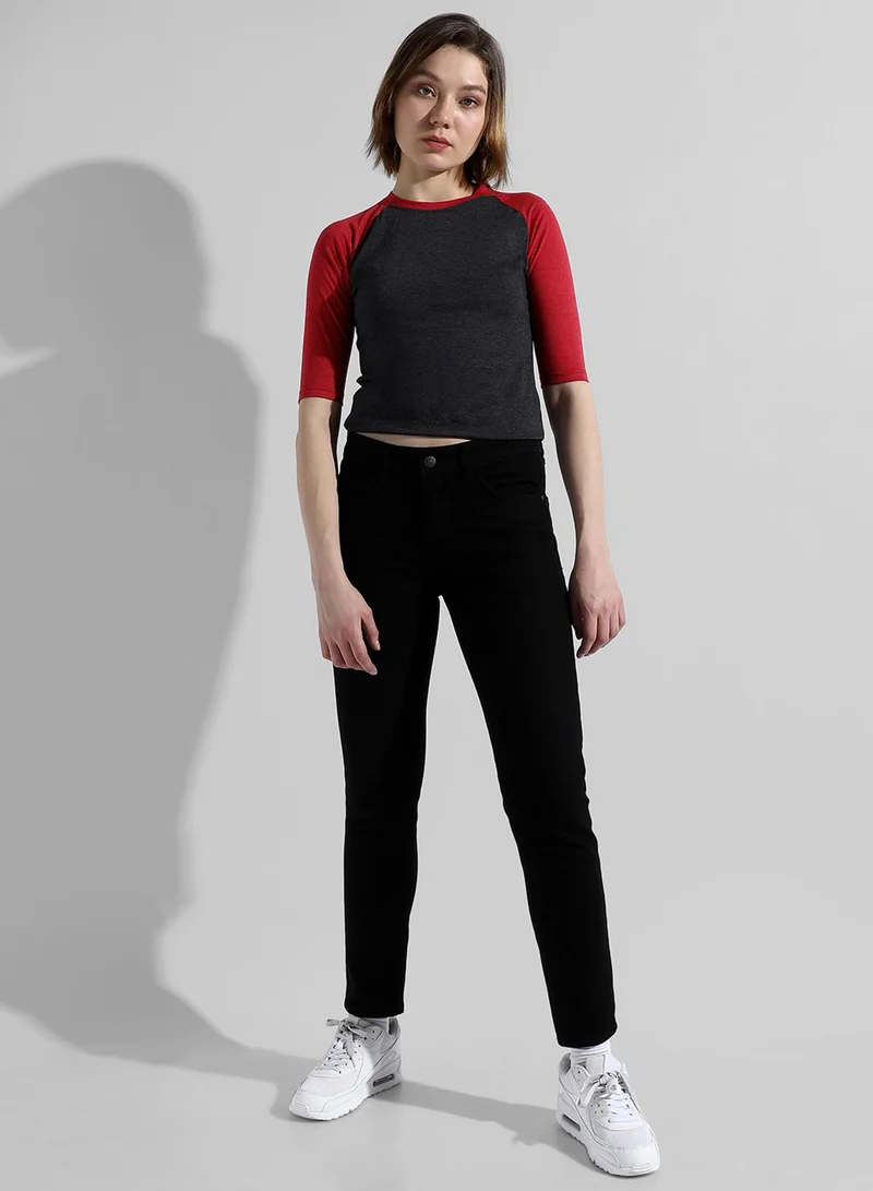 Campus Sutra Women's Red Colourblocked Regular Fit Top