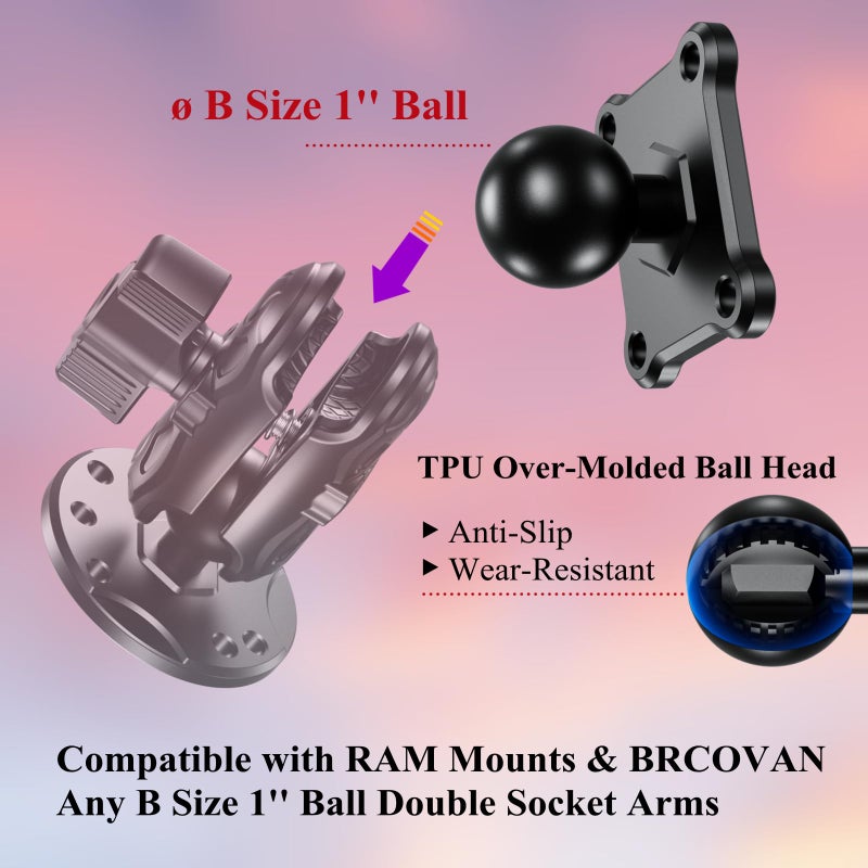 BRCOVAN 1'' Ball Mount Base with Aluminum Alloy 4-Hole AMPS Square Plate Compatible with RAM Mounts B Size 1 Inch Ball Double Socket Arm - Image 4