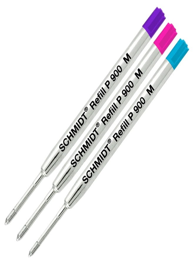Lanier Pens Schmidt P900 Parker Style Ballpoint Pen Metal Body Refill, Purple, Magenta, Turquoise Ink Medium Tip 0.7mm Stainless Steel Tip - Pack of 3 - Image 1