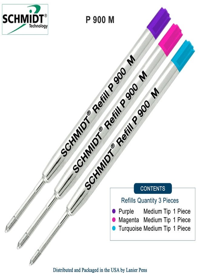 Lanier Pens Schmidt P900 Parker Style Ballpoint Pen Metal Body Refill, Purple, Magenta, Turquoise Ink Medium Tip 0.7mm Stainless Steel Tip - Pack of 3 - Image 2